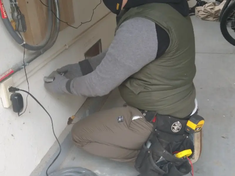 Electrician performing outlet wiring in a Benton garage